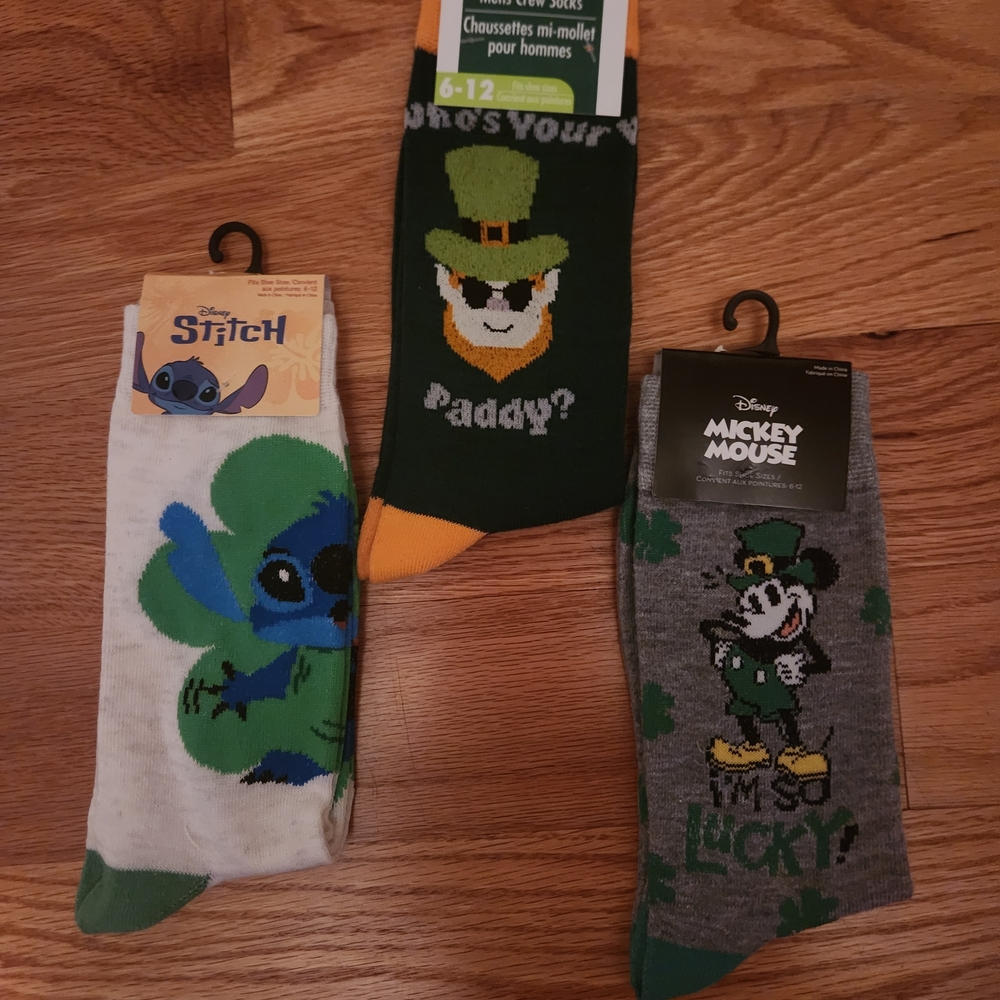 Mickey Mouse, & Stitch St Patrick's Day Socks Size 6-12 Disney *NEW*